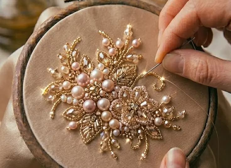 Embroidery Artist Work with Hoop and Beads